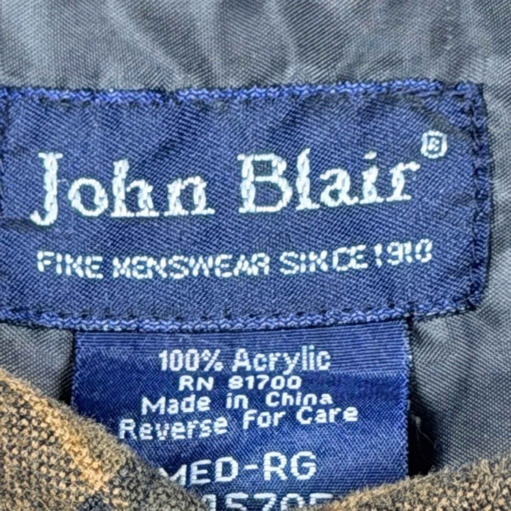 Vintage John Blair Mens Brown Black Plaid Acrylic Button Down Shirt Medium - Picture 4 of 7